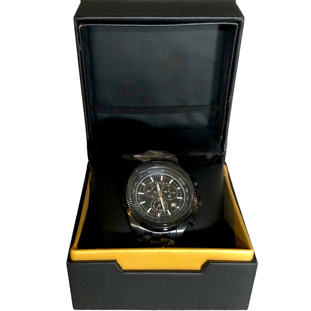 Akribos Black Stainless Steel Chronograph Watch Sub Dial Link Bracelet Strap